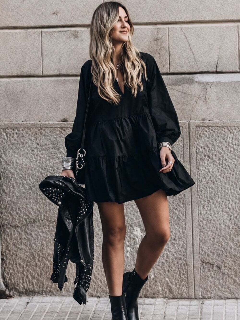 Zara Cotton Poplin Dress Babydoll Long Sleeve V Neck Black Size Large